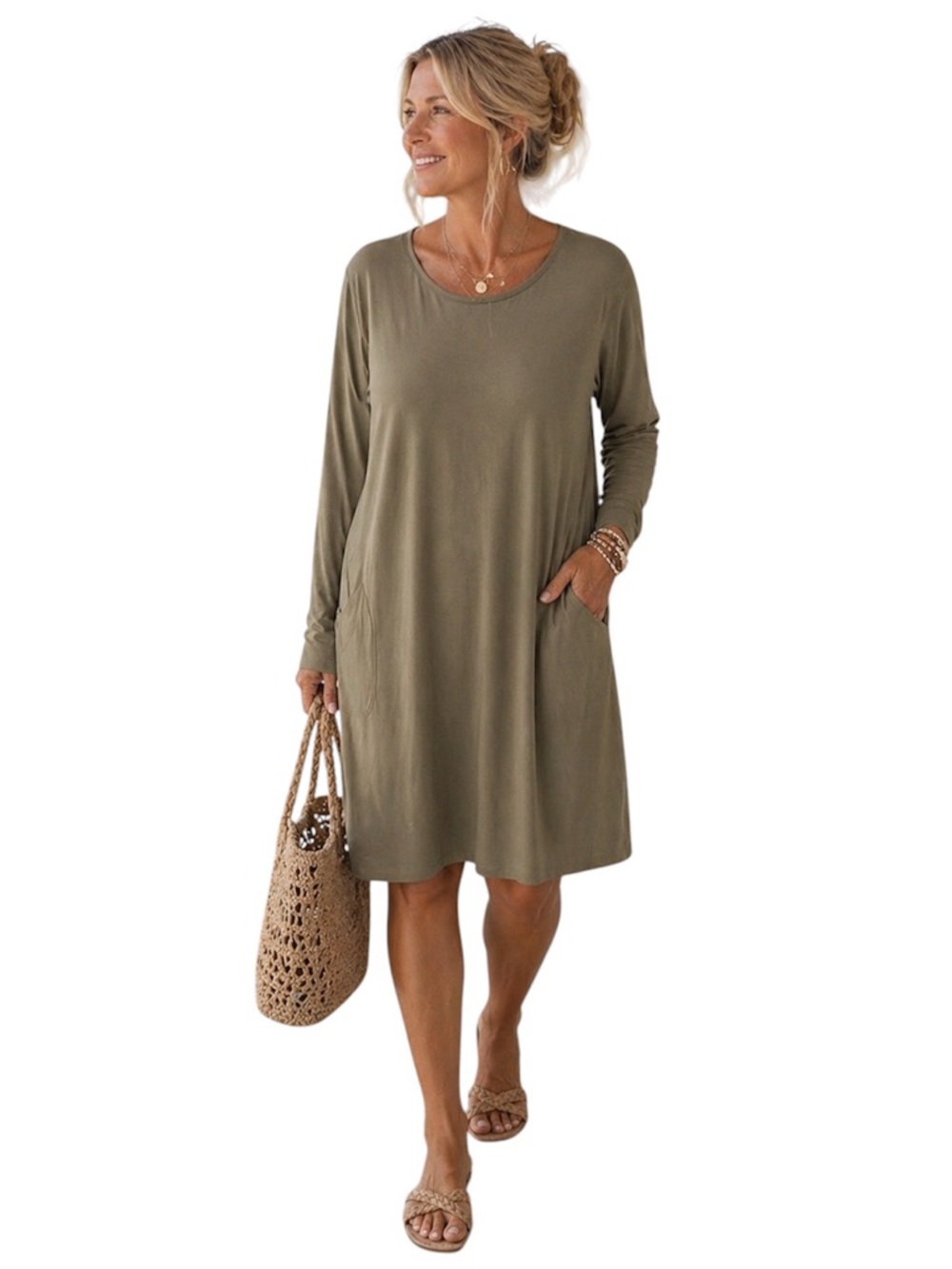 NEW w/Tags! YALA Mia Olive Long Sleeve Pocket Dress, Relaxed, Coastal, Boho L/XL